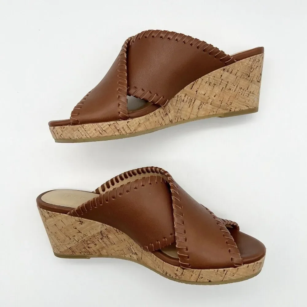 JACK ROGERS Sloane Criss Cross Mocha Leather Cork Wedge Sandals Women’s 6.5